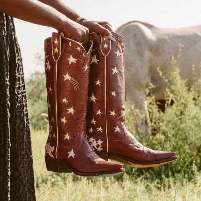 SD Dresscode star pattern knee high cowgirl boots in brown with white star embellishments