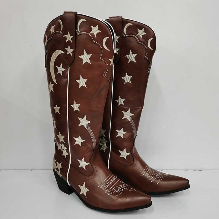 SD Dresscode star pattern knee high cowgirl boots in brown with decorative star and crescent designs