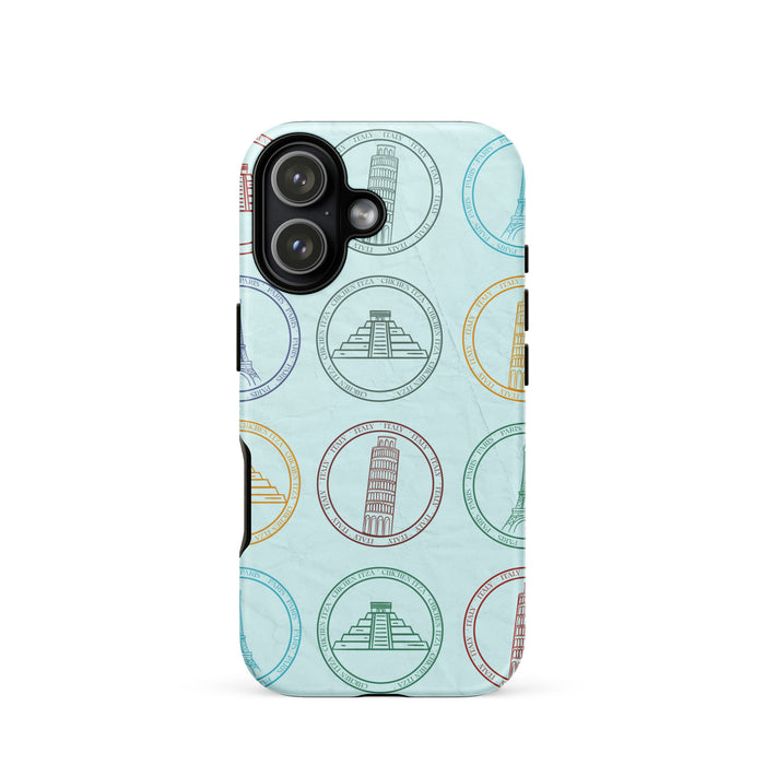 Phone case with world landmarks design on a light blue background