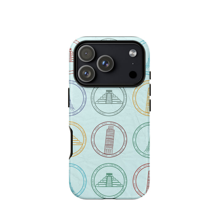 Phone case with world landmark designs on a light blue background