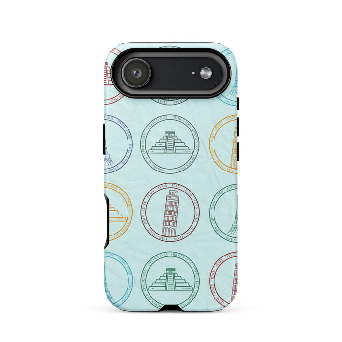 Phone case with architectural landmarks design on a light blue background