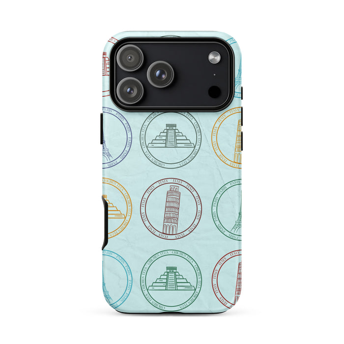 Phone case with architectural landmarks design on a light blue background